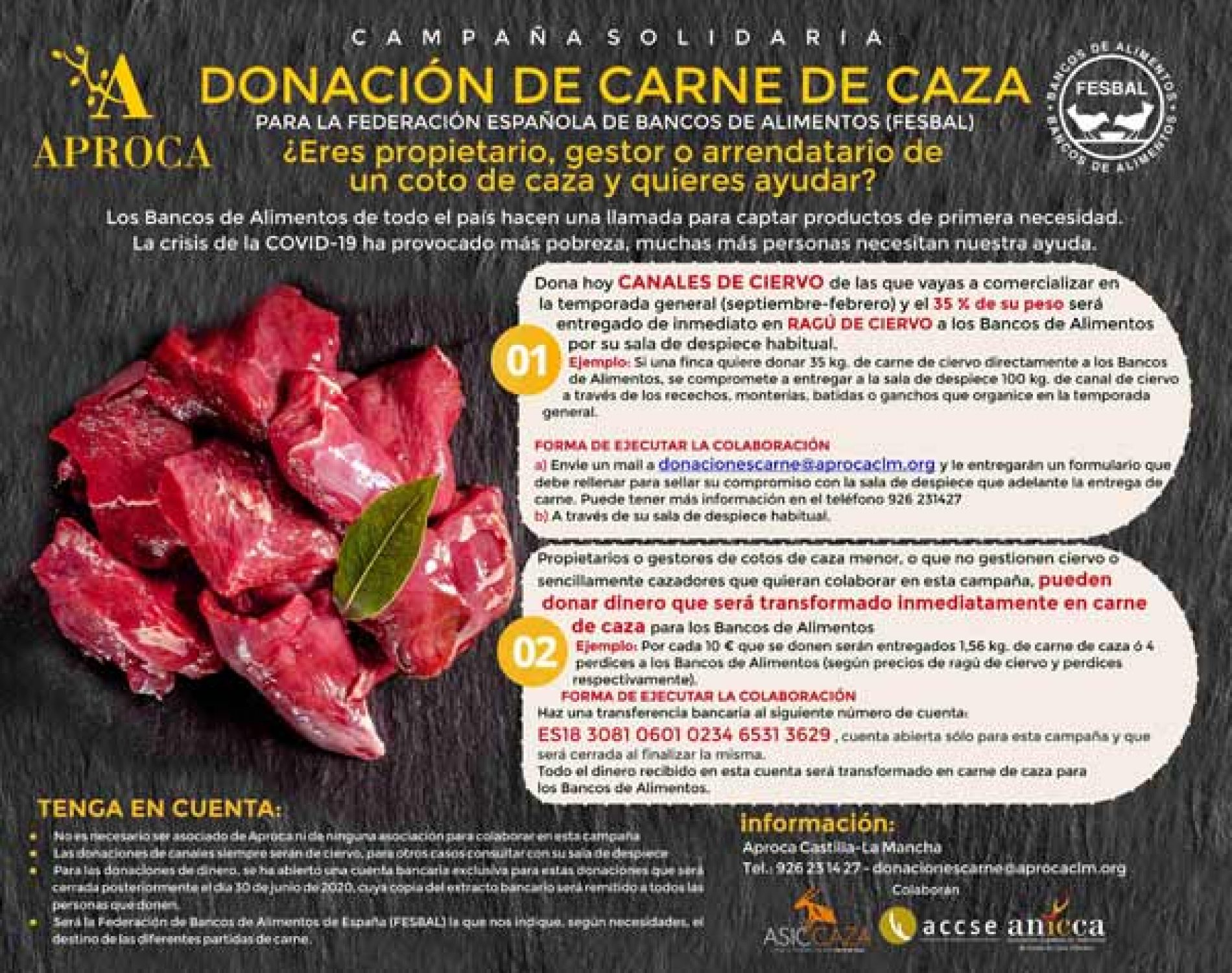 APROCA lanza una campaña solidaria para la donación de carne de caza a los Bancos de Alimentos